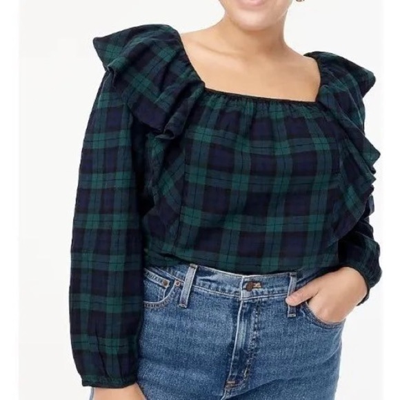 J. Crew Tops - J. Crew Blue and Green Flannel Squareneck Blouse sz L